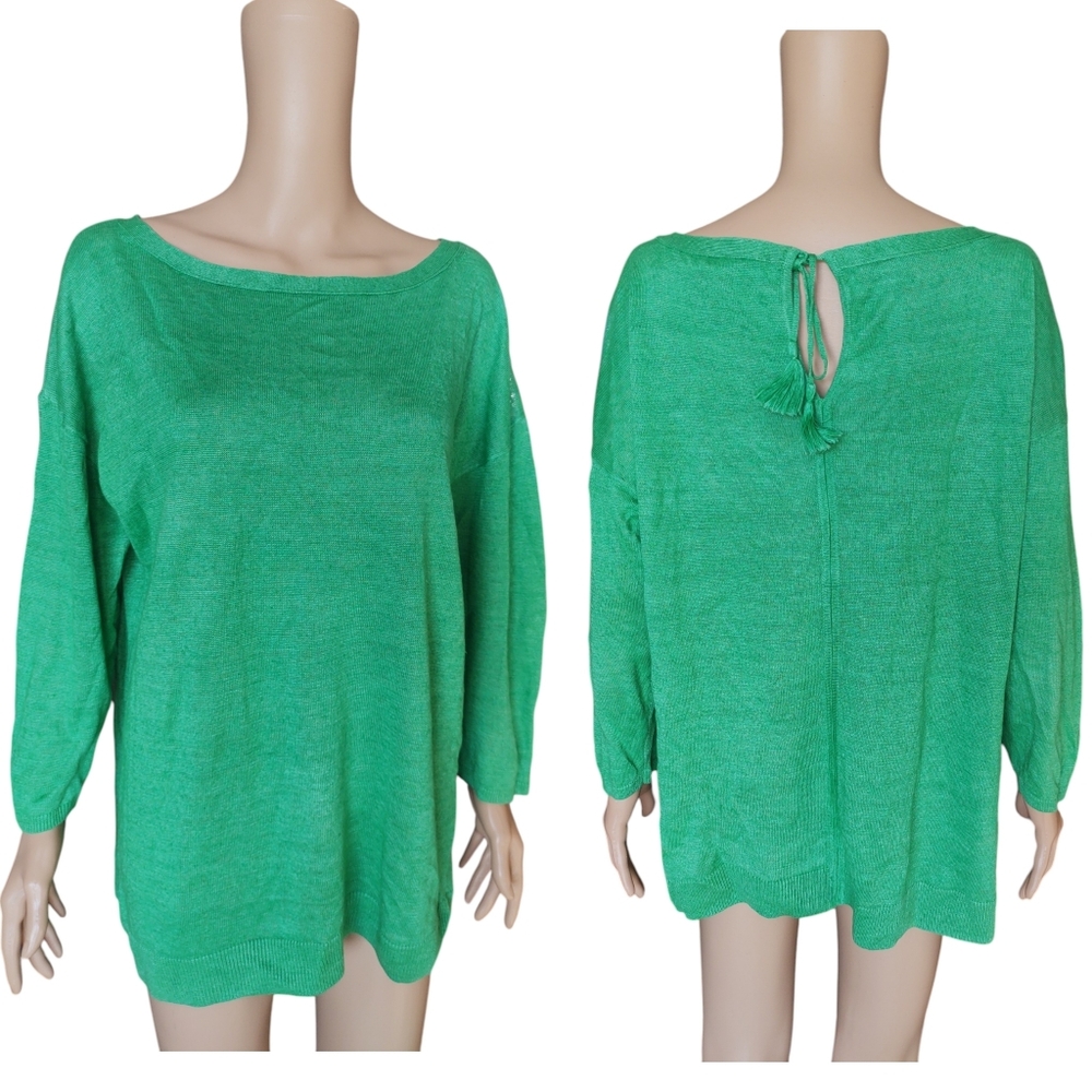 Talbots shirt women's Large L 100% Linen Kelly Green pull on knit layer - Picture 4 of 10